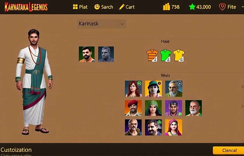 Karnataka Legends Character Customization Karnataka Legends character customization screen showing traditional Karnataka attire options