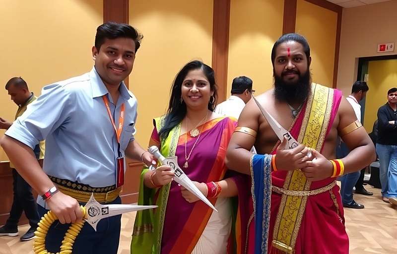 Karnataka Legends Cosplay at Bengaluru Gaming Convention Players dressed as Karnataka Legends characters at a gaming convention in Bengaluru